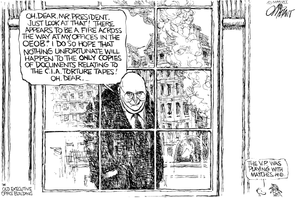 Editorial Cartoon by Pat Oliphant, Universal Press Syndicate on DOJ Blocks Torture Tape Investigation