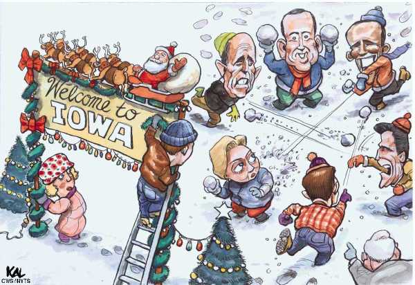 Editorial Cartoon by KAL (Kevin Kallaugher), The Economist, London, CWS/CartoonArts Intl. on Iowa Caucus Nears