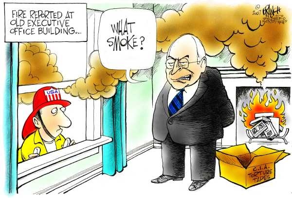 Editorial Cartoon by John Branch, San Antonio Express-News on Fire Damages Cheney Office