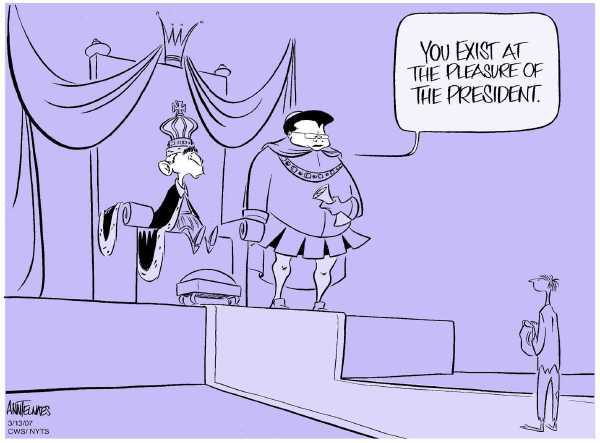 Editorial Cartoon by Ann Telnaes, CWS/CartoonArts Intl. on Gonzales in Hot Water Over Firings