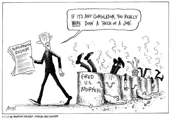 Editorial Cartoon by Tony Auth, Philadelphia Inquirer on Gonzales in Hot Water Over Firings