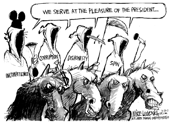 Editorial Cartoon by Mike Luckovich, Atlanta Journal-Constitution on Gonzales in Hot Water Over Firings