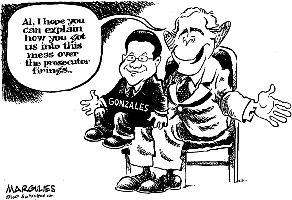 Editorial Cartoon by Jimmy Margulies, The Record, New Jersey on Gonzales in Hot Water Over Firings
