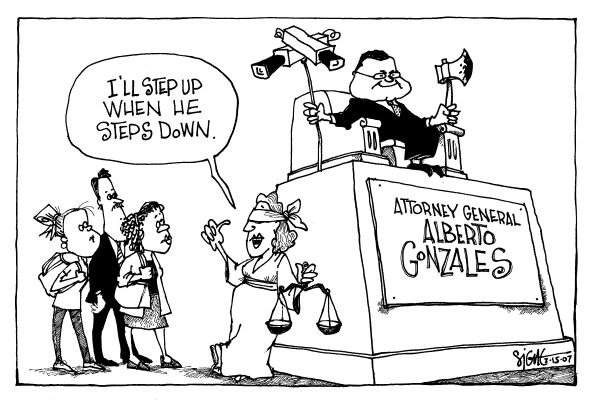 Editorial Cartoon by Signe Wilkinson, Philadelphia Daily News on Gonzales in Hot Water Over Firings