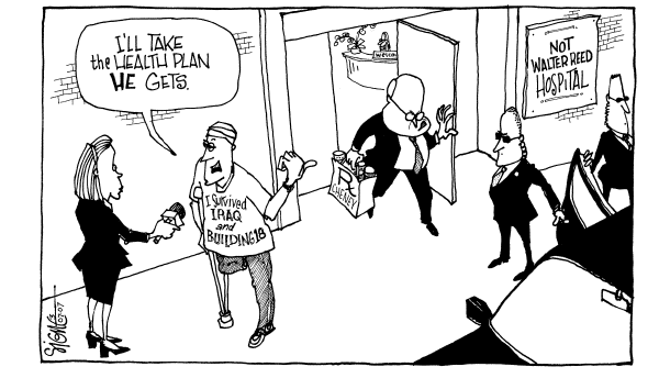 Editorial Cartoon by Signe Wilkinson, Philadelphia Daily News on Soldiers Mistreated at Walter Reed