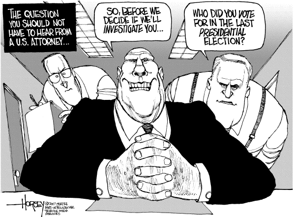 Editorial Cartoon by David Horsey, Seattle Post-Intelligencer on Gonzales Testifies, Reveals Little
