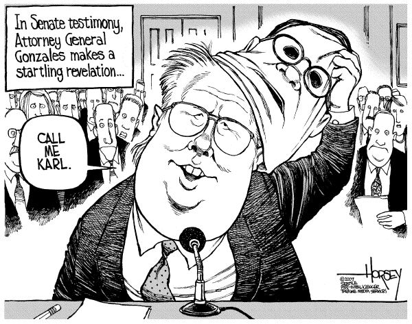 Editorial Cartoon by David Horsey, Seattle Post-Intelligencer on Gonzales Testifies, Reveals Little
