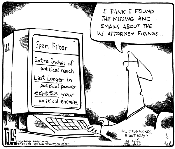 Editorial Cartoon by Tom Toles, Washington Post on Gonzales Testifies, Reveals Little