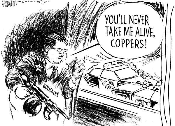 Editorial Cartoon by Rex Babin, Sacramento Bee on Gonzales Testifies, Reveals Little