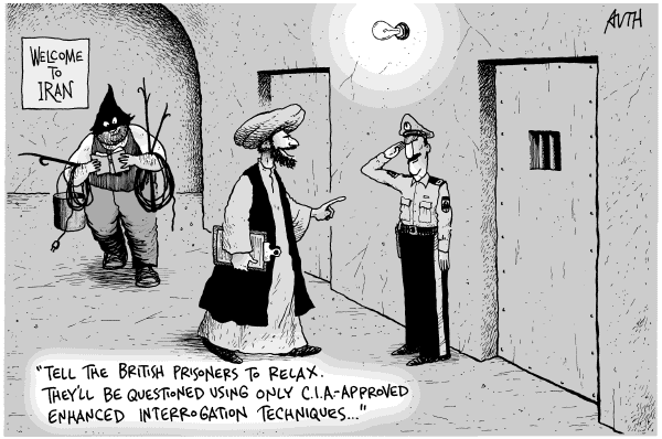 Editorial Cartoon by Tony Auth, Philadelphia Inquirer on Iran Captures, Releases British Sailors