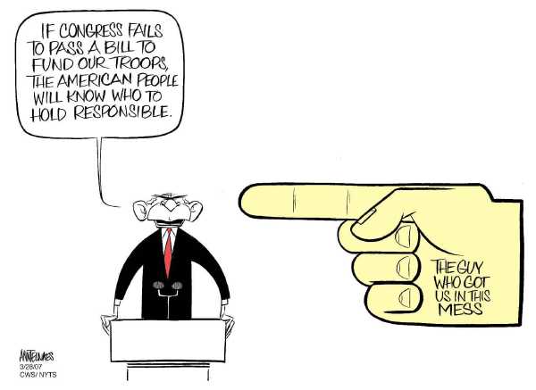 Editorial Cartoon by Ann Telnaes, CWS/CartoonArts Intl. on Bush, Democrats Battle Over Iraq