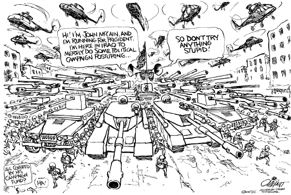Editorial Cartoon by Pat Oliphant, Universal Press Syndicate on McCain Visits Baghdad