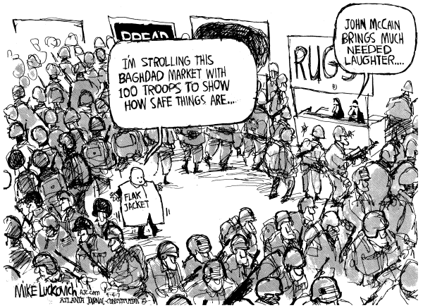 Editorial Cartoon by Mike Luckovich, Atlanta Journal-Constitution on McCain Visits Baghdad