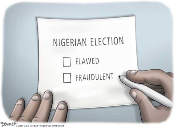Editorial Cartoon by Clay Bennett, Christian Science Monitor on Fraud Suspected in Nigerian Election