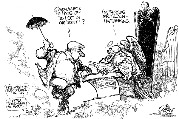 Editorial Cartoon by Pat Oliphant, Universal Press Syndicate on Yesltin Dies, Putin Clamps Down