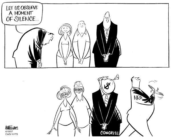 Editorial Cartoon by Ann Telnaes, CWS/CartoonArts Intl. on Gunman Kills 32 at a University
