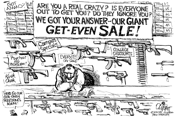 Editorial Cartoon by Pat Oliphant, Universal Press Syndicate on Gunman Kills 32 at a University
