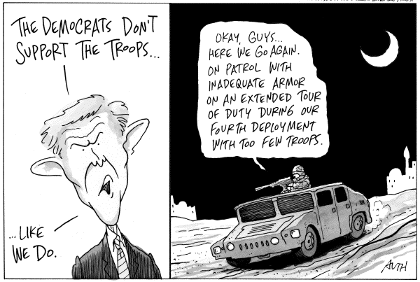 Editorial Cartoon by Tony Auth, Philadelphia Inquirer on US Troop Tours in Iraq Extended