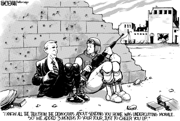 Editorial Cartoon by Drew Sheneman, Newark Star Ledger on US Troop Tours in Iraq Extended