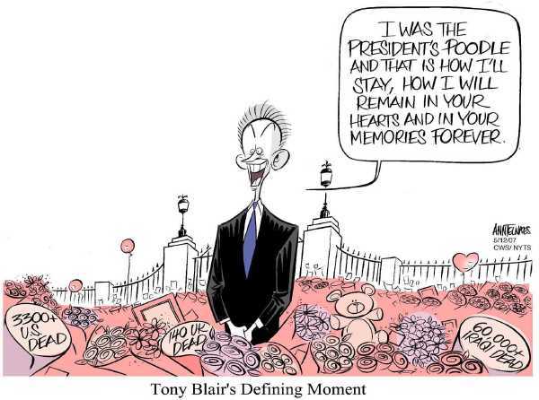 Editorial Cartoon by Ann Telnaes, CWS/CartoonArts Intl. on Blair to Step Down