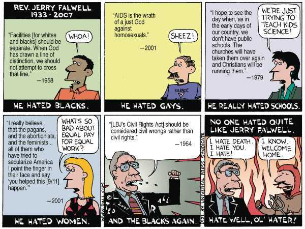 Editorial Cartoon by Ted Rall on Jerry Falwell Dead