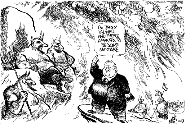 Editorial Cartoon by Pat Oliphant, Universal Press Syndicate on Jerry Falwell Dead