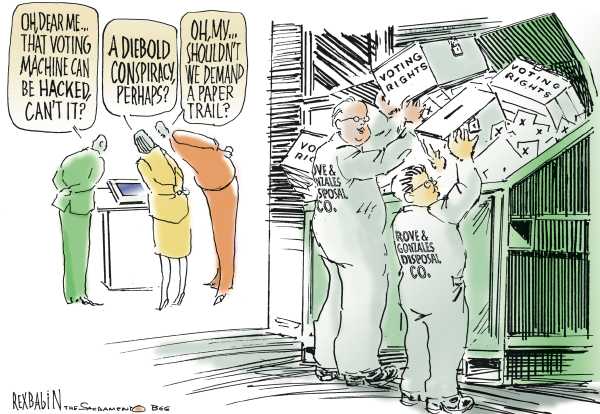 Editorial Cartoon by Rex Babin, Sacramento Bee on Gonzales Still Attorney General