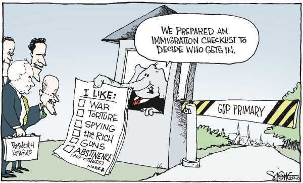 Editorial Cartoon by Signe Wilkinson, Philadelphia Daily News on GOP Hopefuls Debate