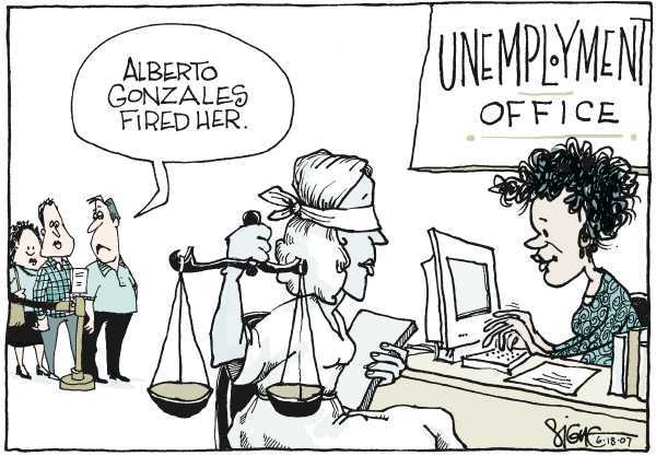 Editorial Cartoon by Signe Wilkinson, Philadelphia Daily News on Attorney Firing Battle Winds Down