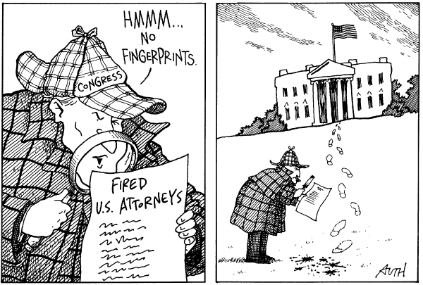 Editorial Cartoon by Tony Auth, Philadelphia Inquirer on Attorney Firing Battle Winds Down