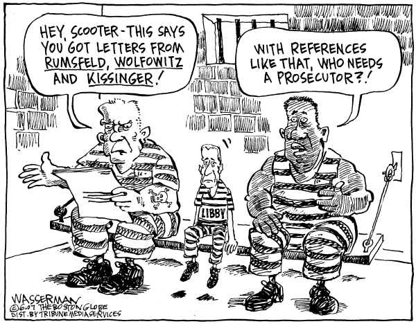 Editorial Cartoon by Dan Wasserman, Boston Globe on Libby Set to Begin Sentence