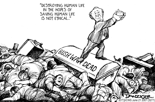 Editorial Cartoon by Jeff Danziger, CWS/CartoonArts Intl. on Bush Vetoes Stem Cell Bill