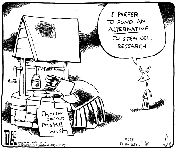 Editorial Cartoon by Tom Toles, Washington Post on Bush Vetoes Stem Cell Bill