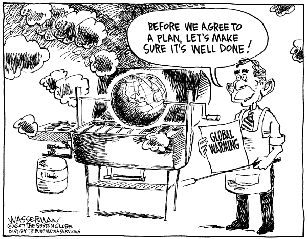 Editorial Cartoon by Dan Wasserman, Boston Globe on Bush Changes Tune on Global Warming