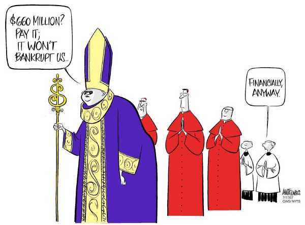 Editorial Cartoon by Ann Telnaes, CWS/CartoonArts Intl. on Catholic Church Pays Settlement