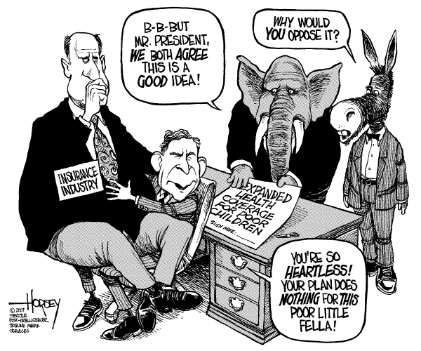 Editorial Cartoon by David Horsey, Seattle Post-Intelligencer on Bush Vetoes Child Health Bill