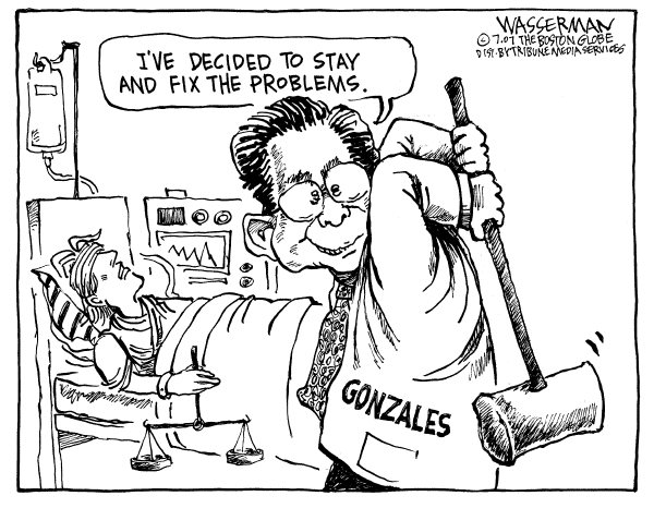Editorial Cartoon by Dan Wasserman, Boston Globe on Attorney General Weathers Storm