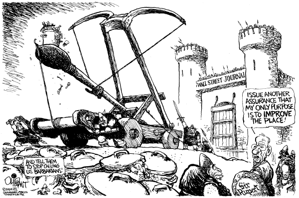 Editorial Cartoon by Pat Oliphant, Universal Press Syndicate on Murdoch Buys Wall Street Journal