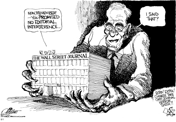 Editorial Cartoon by Pat Oliphant, Universal Press Syndicate on Murdoch Buys Wall Street Journal