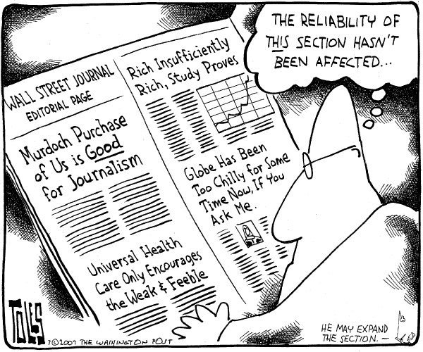 Editorial Cartoon by Tom Toles, Washington Post on Murdoch Buys Wall Street Journal