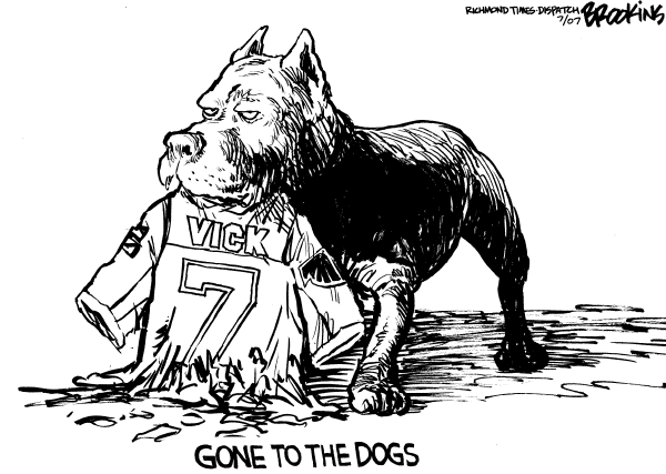 Editorial Cartoon by Gary Brookins, Richmond Times-Dispatch on Football Star in Dog Fighting Scandal