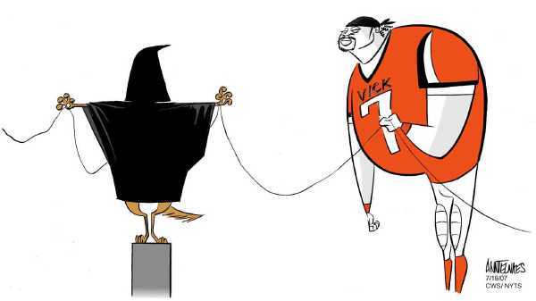 Editorial Cartoon by Ann Telnaes, CWS/CartoonArts Intl. on Football Star in Dog Fighting Scandal