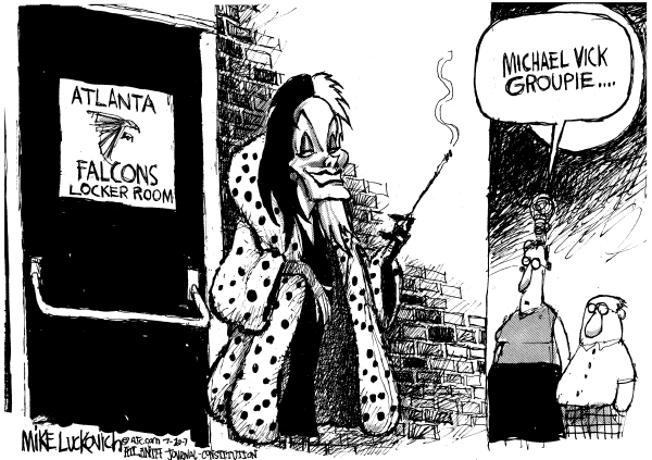 Editorial Cartoon by Mike Luckovich, Atlanta Journal-Constitution on Football Star in Dog Fighting Scandal