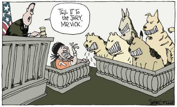 Editorial Cartoon by Signe Wilkinson, Philadelphia Daily News on Football Star in Dog Fighting Scandal