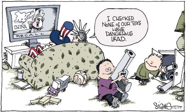 Editorial Cartoon by Signe Wilkinson, Philadelphia Daily News on Chinese Exports Deemed Dangerous