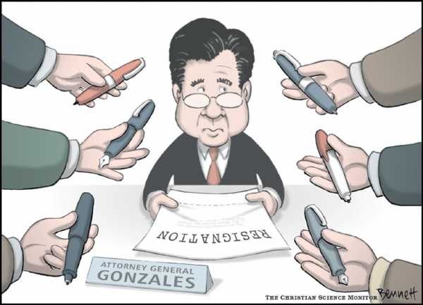 Editorial Cartoon by Clay Bennett, Christian Science Monitor on Alberto Gonzales Resigns