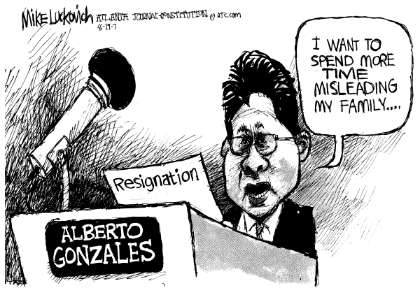 Editorial Cartoon by Pat Oliphant, Universal Press Syndicate on Alberto Gonzales Resigns