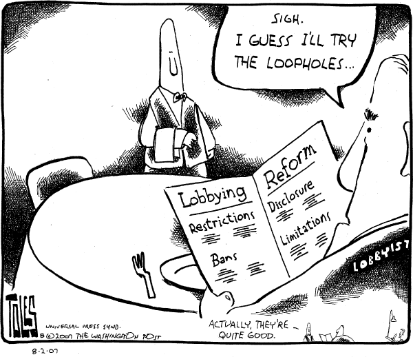 Editorial Cartoon by Tom Toles, Washington Post on Lobby Reform Bill Passes