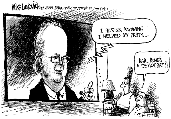 Editorial Cartoon by Mike Luckovich, Atlanta Journal-Constitution on Karl Rove Resigns