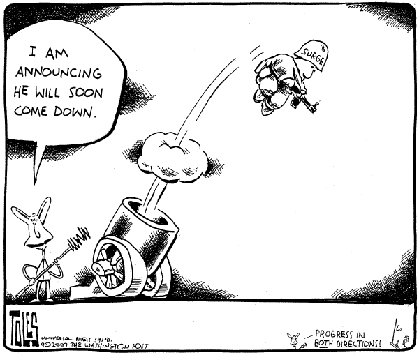 Editorial Cartoon by Tom Toles, Washington Post on President Explains War Strategy